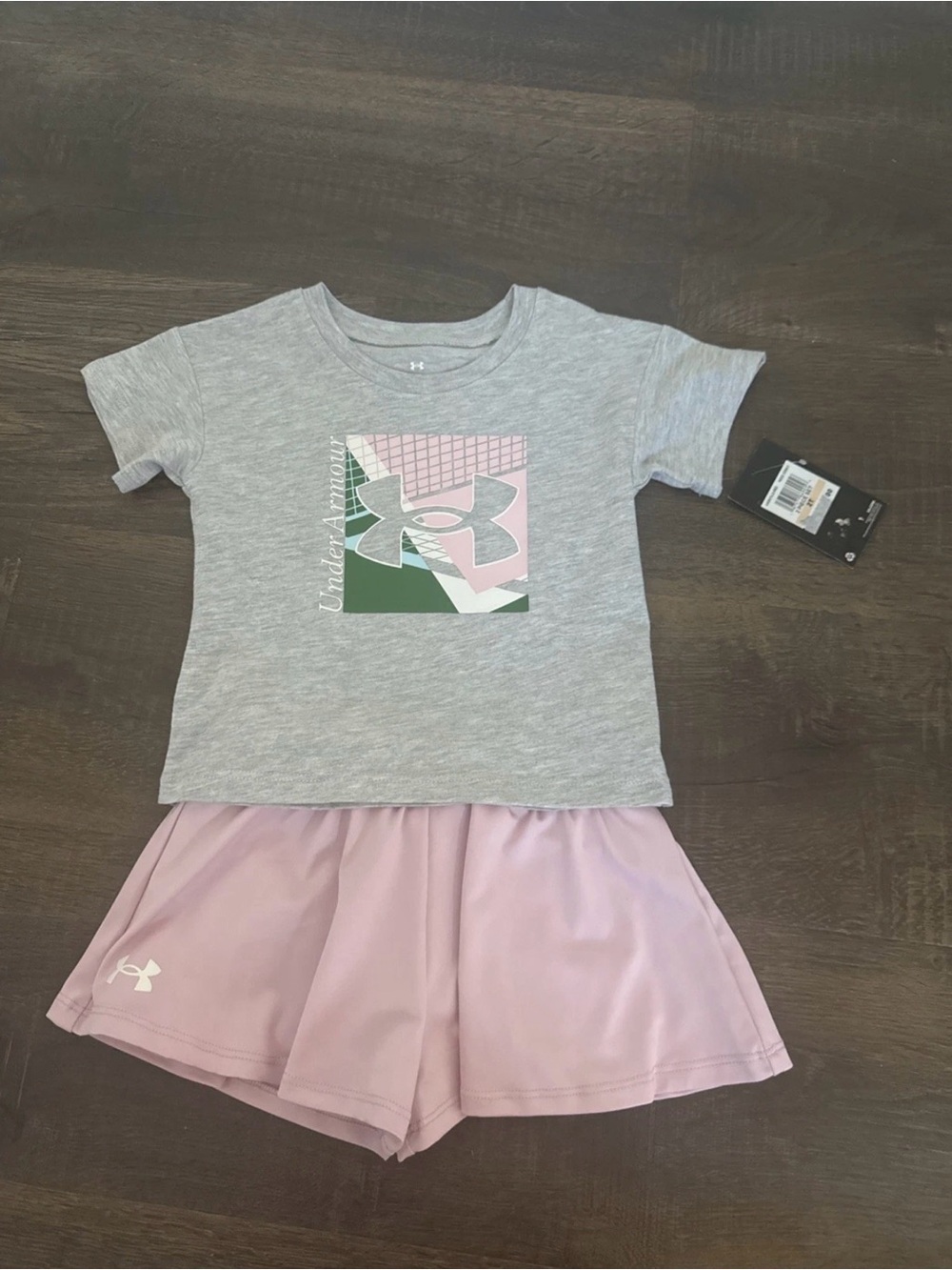 Under Armour Toddler Girl Gray Logo Tee with  Pink layered Shorts Set 2T